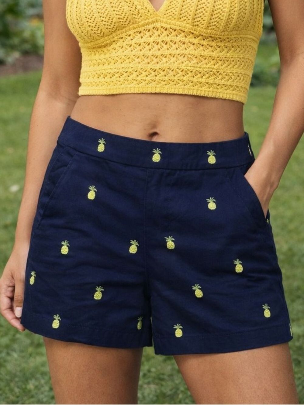 J.Crew Navy Pineapple Embroidered Chino Shorts Size 10